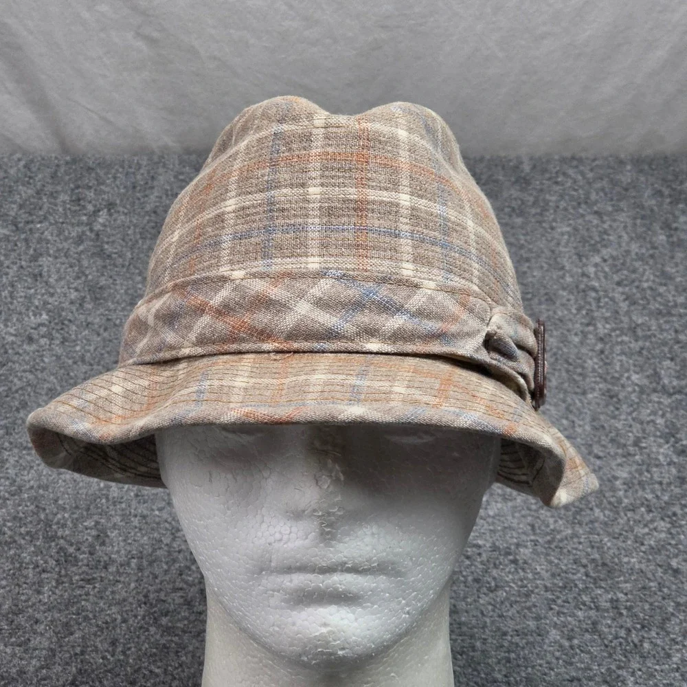 Vintage Cloche Bucket Hat Size 7 Tan Plaid Classic Cottagecore Old Money Grandma